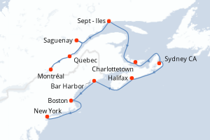 Carte itinéraire croisière Canada, États-Unis - 11 jours au départ de Montréal - Amérique du Nord