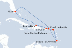 Carte de l'itinéraire de croisière Miami-Miami d'une durée de 10 jours