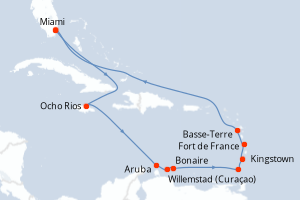 Carte de l'itinéraire de croisière Miami-Miami d'une durée de 14 jours