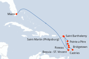 Carte de l'itinéraire de croisière Miami-Bridgetown d'une durée de 10 jours