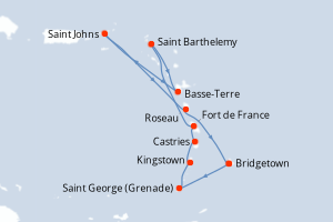 Carte de l'itinéraire de croisière Bridgetown-Bridgetown d'une durée de 10 jours