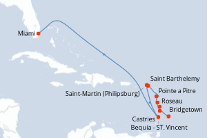 Carte de l'itinéraire de croisière Bridgetown-Miami d'une durée de 10 jours