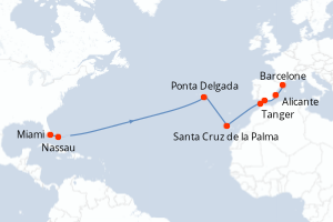 Carte itinéraire croisière États-Unis, Bahamas, Portugal, Maroc, Espagne - 15 jours au départ de Miami - Transatlantique