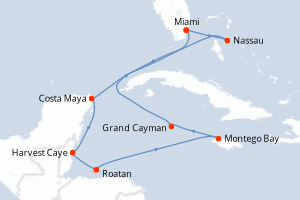 Carte de l'itinéraire de croisière Miami-Miami d'une durée de 10 jours