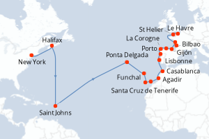 Carte de l'itinéraire de croisière New York-Le Havre d'une durée de 28 jours