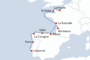 Carte de l'itinéraire de croisière Lisbonne-Le Havre d'une durée de 12 jours