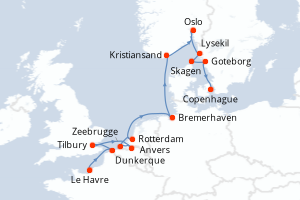 Carte de l'itinéraire de croisière Le Havre-Copenhague d'une durée de 14 jours
