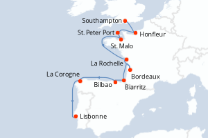 Carte de l'itinéraire de croisière Southampton-Lisbonne d'une durée de 12 jours