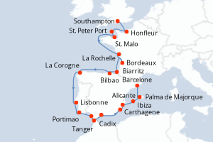 Carte de l'itinéraire de croisière Southampton-Barcelone d'une durée de 23 jours