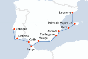Carte de l'itinéraire de croisière Lisbonne-Barcelone d'une durée de 11 jours