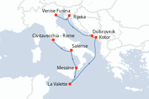 Carte de l'itinéraire de croisière Civitavecchia - Rome-Venise Fusina d'une durée de 8 jours