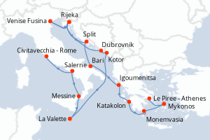 Carte de l'itinéraire de croisière Civitavecchia - Rome-Le Piree - Athenes d'une durée de 18 jours