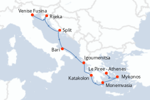 Carte de l'itinéraire de croisière Venise Fusina-Le Piree - Athenes d'une durée de 10 jours