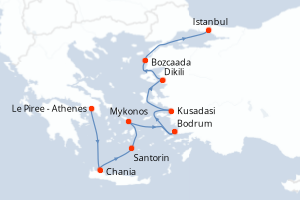Carte de l'itinéraire de croisière Le Piree - Athenes-Istanbul d'une durée de 10 jours
