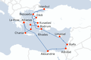 Carte de l'itinéraire de croisière Le Piree - Athenes-Le Piree - Athenes d'une durée de 20 jours