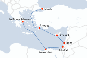 Carte de l'itinéraire de croisière Istanbul-Le Piree - Athenes d'une durée de 10 jours