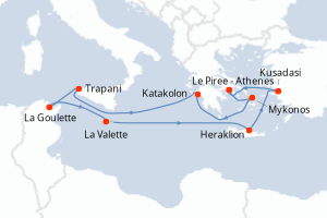 Carte de l'itinéraire de croisière Le Piree - Athenes-Le Piree - Athenes d'une durée de 10 jours