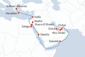 Carte de l'itinéraire de croisière Le Piree - Athenes-Doha d'une durée de 21 jours