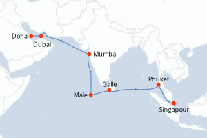 Carte de l'itinéraire de croisière Doha-Singapour d'une durée de 17 jours