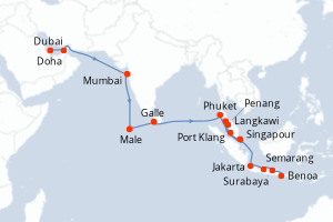 Carte de l'itinéraire de croisière Doha-Benoa d'une durée de 27 jours
