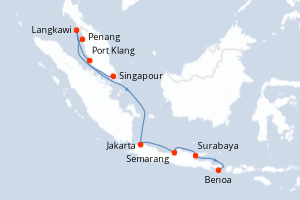 Carte de l'itinéraire de croisière Singapour-Benoa d'une durée de 10 jours