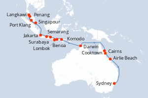 Carte de l'itinéraire de croisière Singapour-Sydney d'une durée de 24 jours