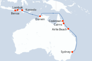 Carte de l'itinéraire de croisière Benoa-Sydney d'une durée de 14 jours
