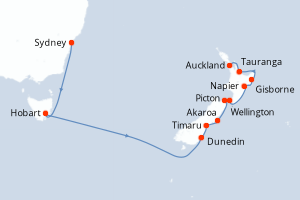 Carte de l'itinéraire de croisière Sydney-Auckland d'une durée de 14 jours