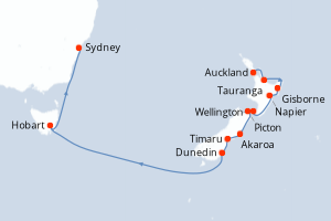 Carte de l'itinéraire de croisière Auckland-Sydney d'une durée de 14 jours