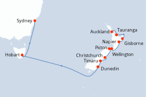 Carte de l'itinéraire de croisière Sydney-Auckland d'une durée de 14 jours