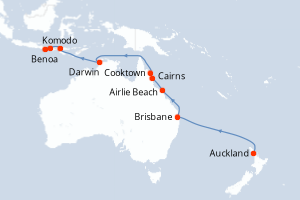 Carte de l'itinéraire de croisière Auckland-Benoa d'une durée de 16 jours