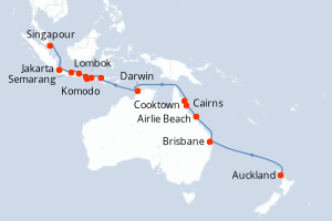 Carte de l'itinéraire de croisière Auckland-Singapour d'une durée de 24 jours