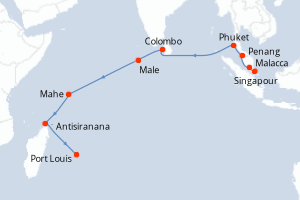 Carte de l'itinéraire de croisière Singapour-Port Louis d'une durée de 17 jours