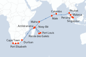 Carte de l'itinéraire de croisière Singapour-Cape Town d'une durée de 31 jours