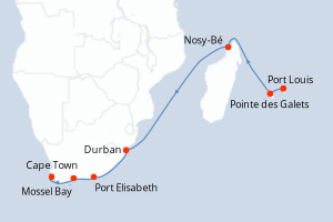 Carte de l'itinéraire de croisière Port Louis-Cape Town d'une durée de 14 jours