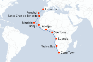 Carte de l'itinéraire de croisière Cape Town-Lisbonne d'une durée de 21 jours