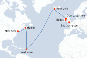 Carte de l'itinéraire de croisière New York-Southampton d'une durée de 14 jours