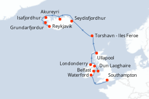 Carte de l'itinéraire de croisière Southampton-Reykjavik d'une durée de 14 jours