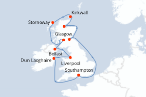 Carte de l'itinéraire de croisière Southampton-Southampton d'une durée de 12 jours