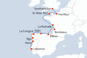Carte de l'itinéraire de croisière Southampton-Lisbonne d'une durée de 13 jours