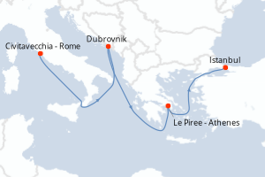 Carte de l'itinéraire de croisière Civitavecchia - Rome-Istanbul d'une durée de 9 jours