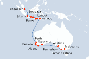 Carte de l'itinéraire de croisière Melbourne-Singapour d'une durée de 21 jours