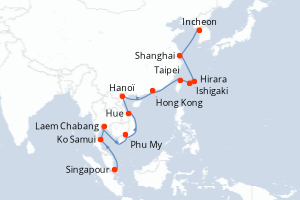 Carte de l'itinéraire de croisière Singapour-Incheon d'une durée de 21 jours
