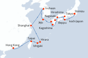 Carte de l'itinéraire de croisière Hong Kong-Tokyo d'une durée de 21 jours