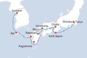 Carte de l'itinéraire de croisière Incheon-Tokyo d'une durée de 11 jours
