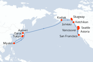 Carte de l'itinéraire de croisière Tokyo-Vancouver d'une durée de 27 jours