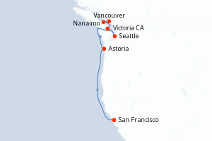 Carte de l'itinéraire de croisière San Francisco-Vancouver d'une durée de 7 jours