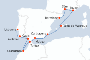 Carte de l'itinéraire de croisière Barcelone-Lisbonne d'une durée de 11 jours