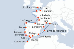 Carte de l'itinéraire de croisière Barcelone-Southampton d'une durée de 22 jours