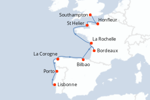 Carte de l'itinéraire de croisière Lisbonne-Southampton d'une durée de 11 jours